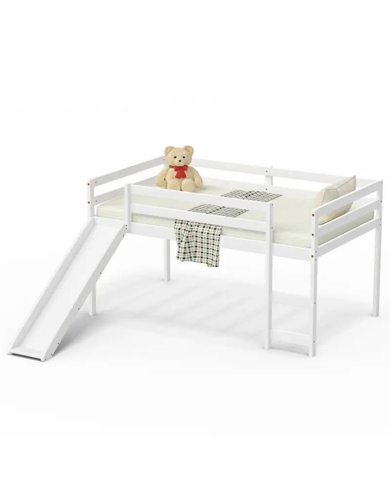 Twin Size Low Sturdy Loft Bed with Slide Wood-White - White - Bunk Bed Frame