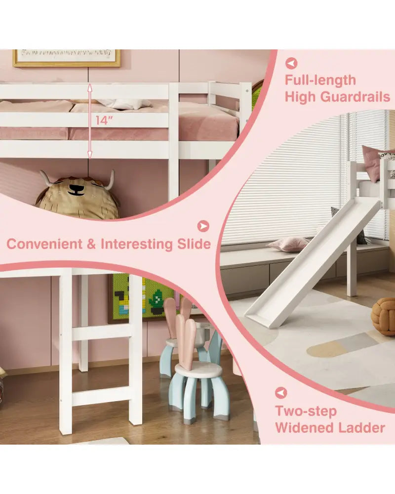 Twin Size Low Sturdy Loft Bed with Slide Wood-White - White - Bunk Bed Frame
