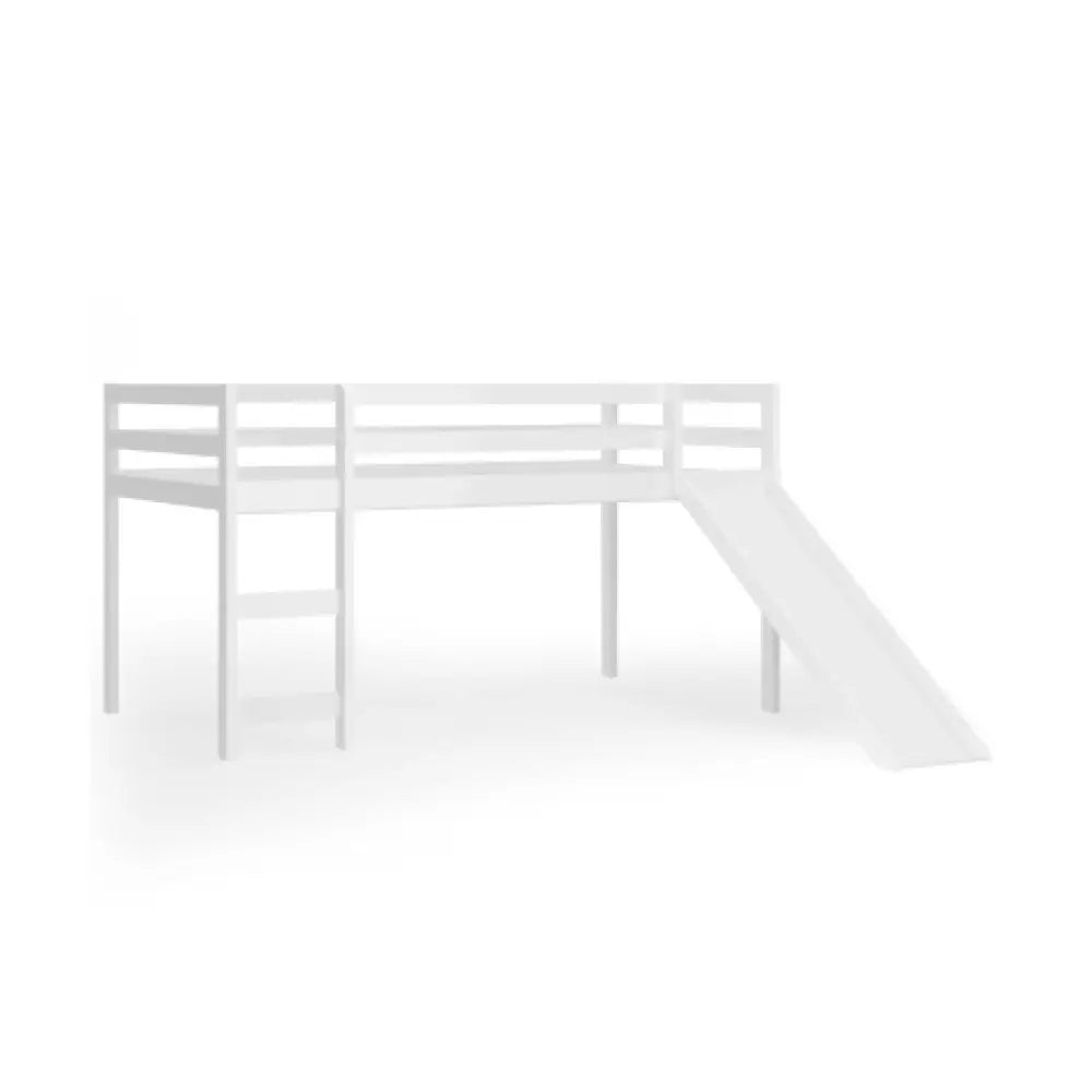 Twin Size Low Sturdy Loft Bed with Slide Wood-White - White - Bunk Bed Frame