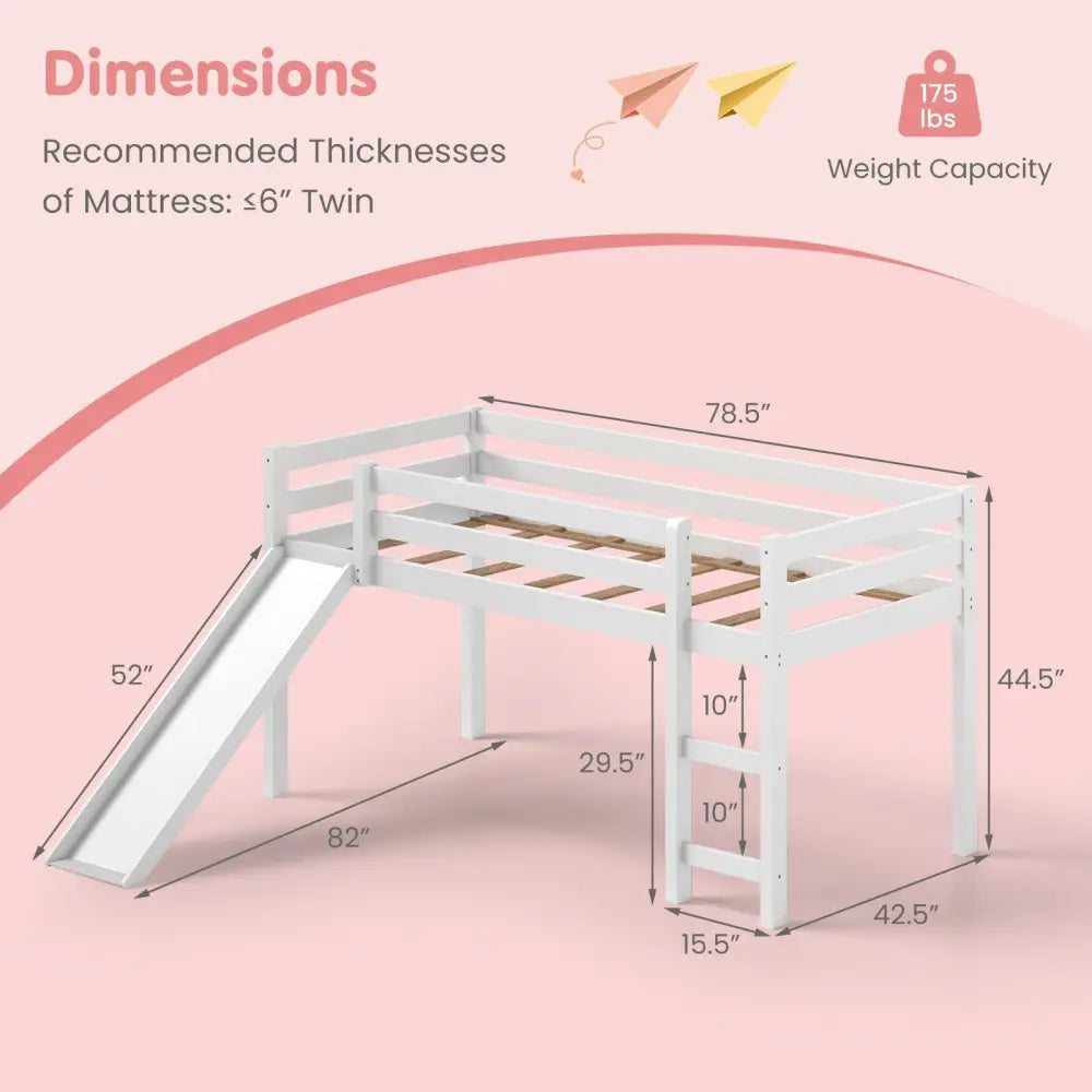 Twin Size Low Sturdy Loft Bed with Slide Wood-White - White - Bunk Bed Frame