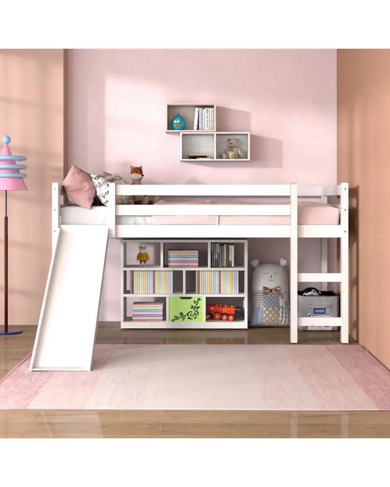 Twin Size Low Sturdy Loft Bed with Slide Wood-White - White - Bunk Bed Frame