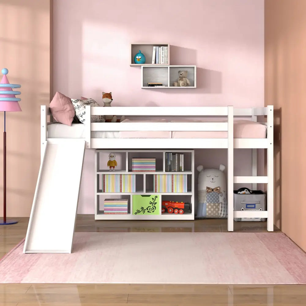 Twin Size Low Sturdy Loft Bed with Slide Wood-White - White - Bunk Bed Frame