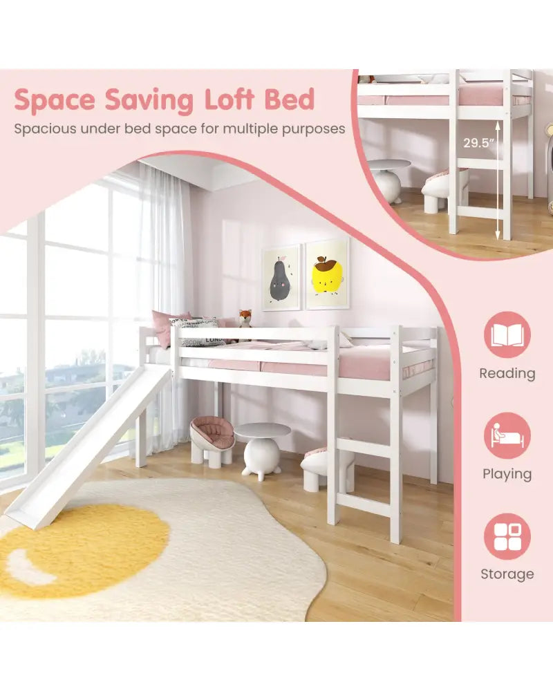 Twin Size Low Sturdy Loft Bed with Slide Wood-White - White - Bunk Bed Frame