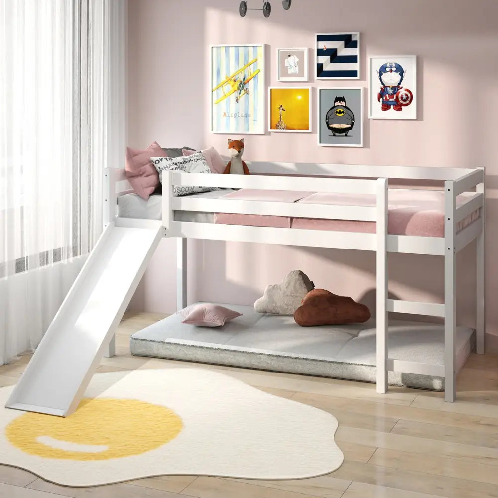 Twin Size Low Sturdy Loft Bed with Slide Wood-White - White - Bunk Bed Frame