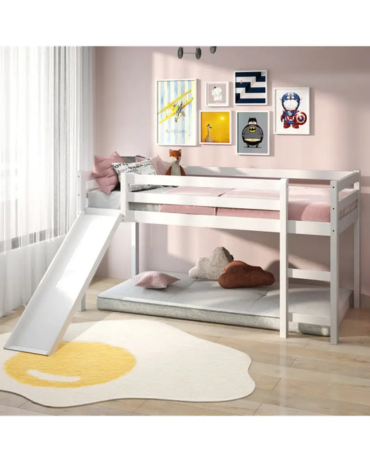 Twin Size Low Sturdy Loft Bed with Slide Wood-White - White - Bunk Bed Frame
