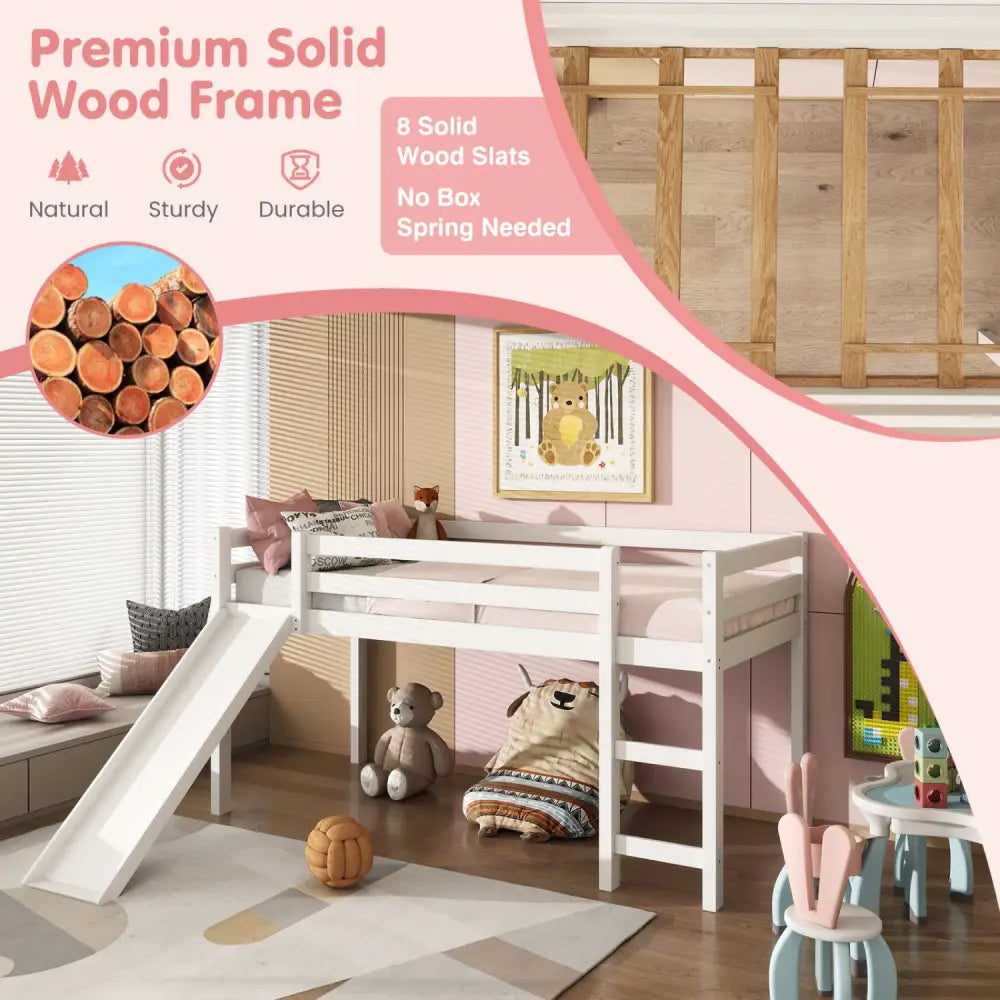 Twin Size Low Sturdy Loft Bed with Slide Wood-White - White - Bunk Bed Frame
