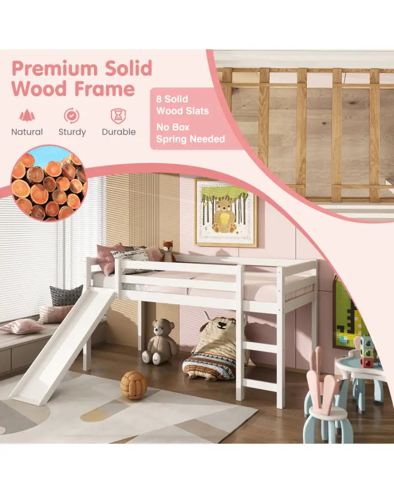 Twin Size Low Sturdy Loft Bed with Slide Wood-White - White - Bunk Bed Frame