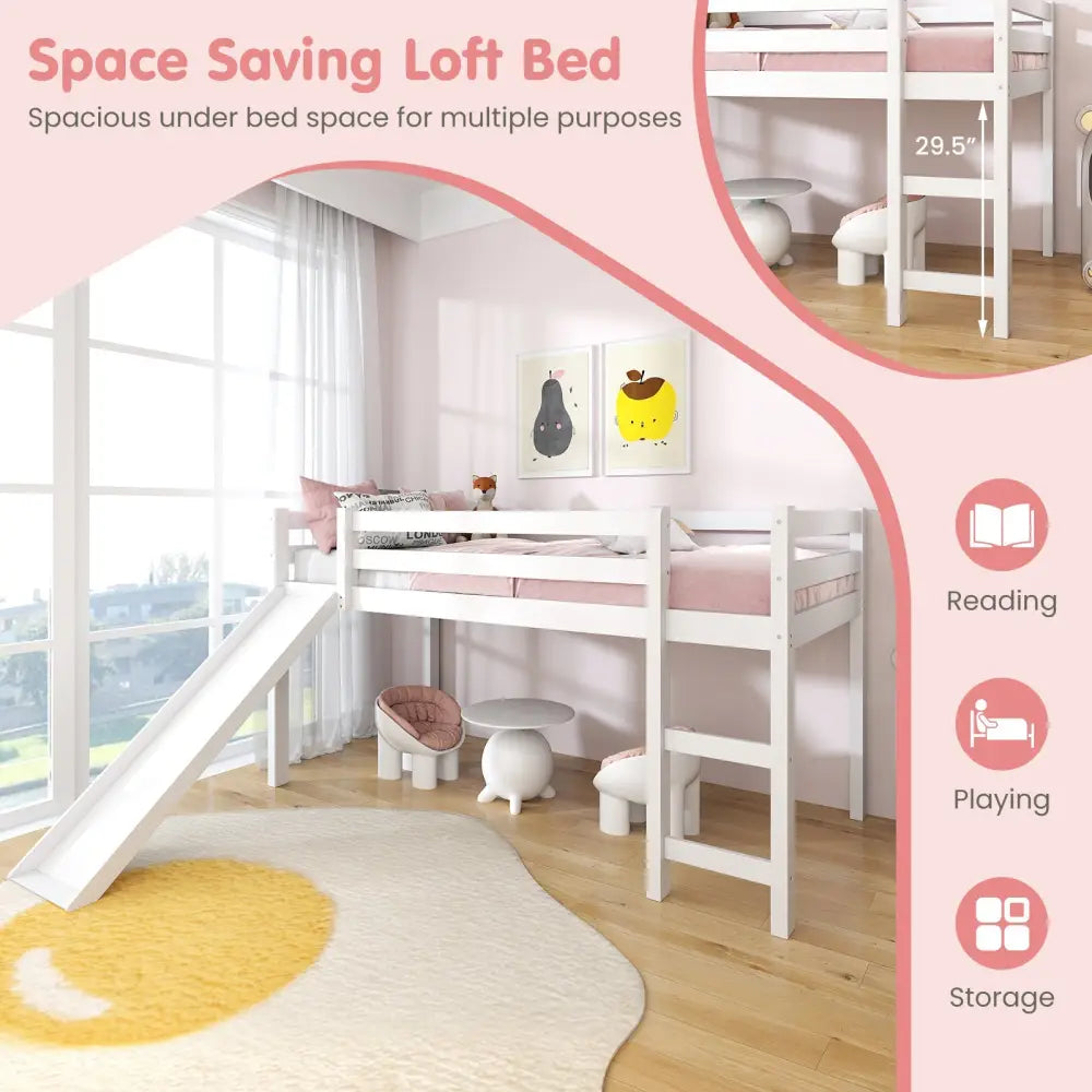 Twin Size Low Sturdy Loft Bed with Slide Wood-White - White - Bunk Bed Frame