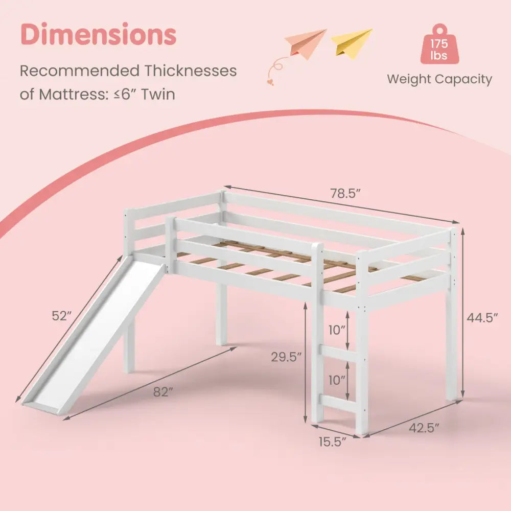 Twin Size Low Sturdy Loft Bed with Slide Wood-White - White - Bunk Bed Frame