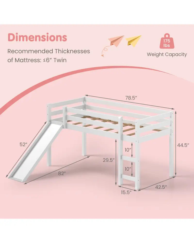 Twin Size Low Sturdy Loft Bed with Slide Wood-White - White - Bunk Bed Frame
