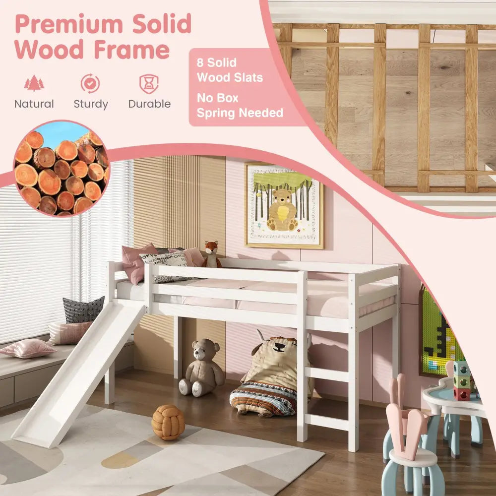 Twin Size Low Sturdy Loft Bed with Slide Wood-White - White - Bunk Bed Frame