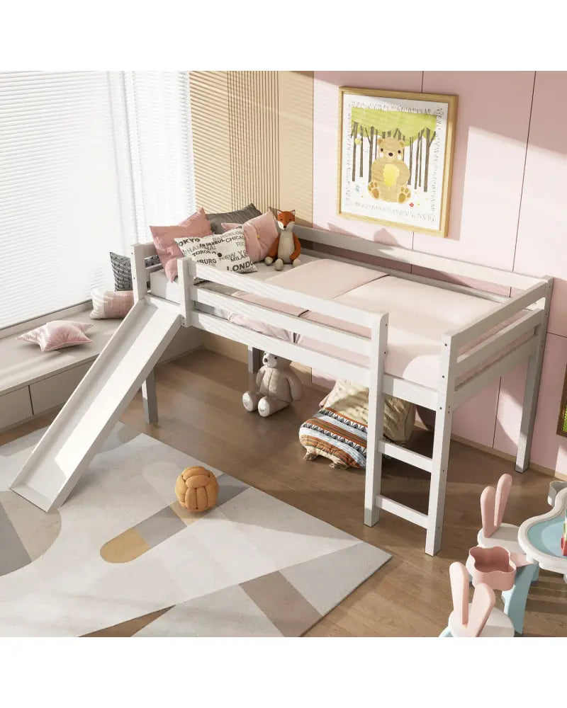 Twin Size Low Sturdy Loft Bed with Slide Wood-White - White - Bunk Bed Frame