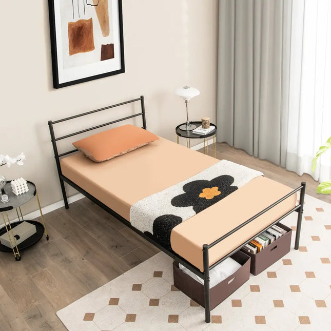 Twin Size Metal Bed Frame Platform with Headboard-Black - Black - Simple Bed Frame