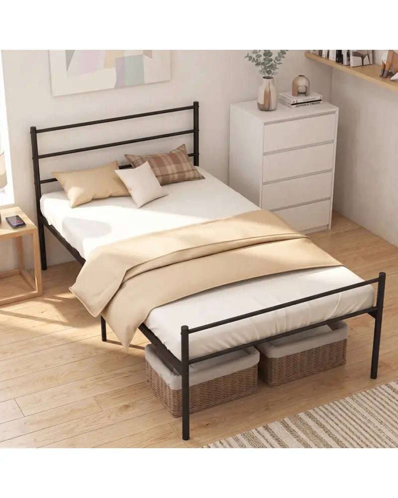 Twin Size Metal Bed Frame Platform with Headboard-Black - Black - Simple Bed Frame