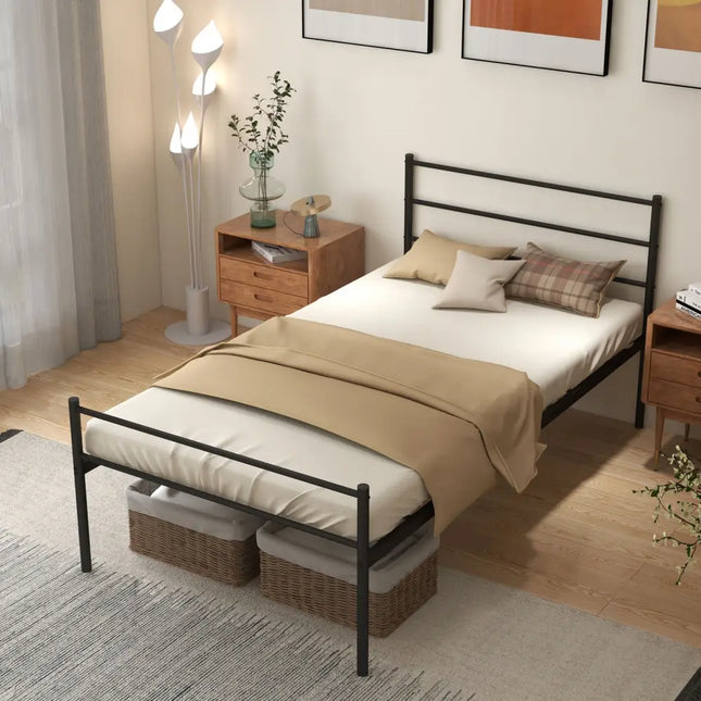 Twin Size Metal Bed Frame Platform with Headboard-Black - Black - Simple Bed Frame
