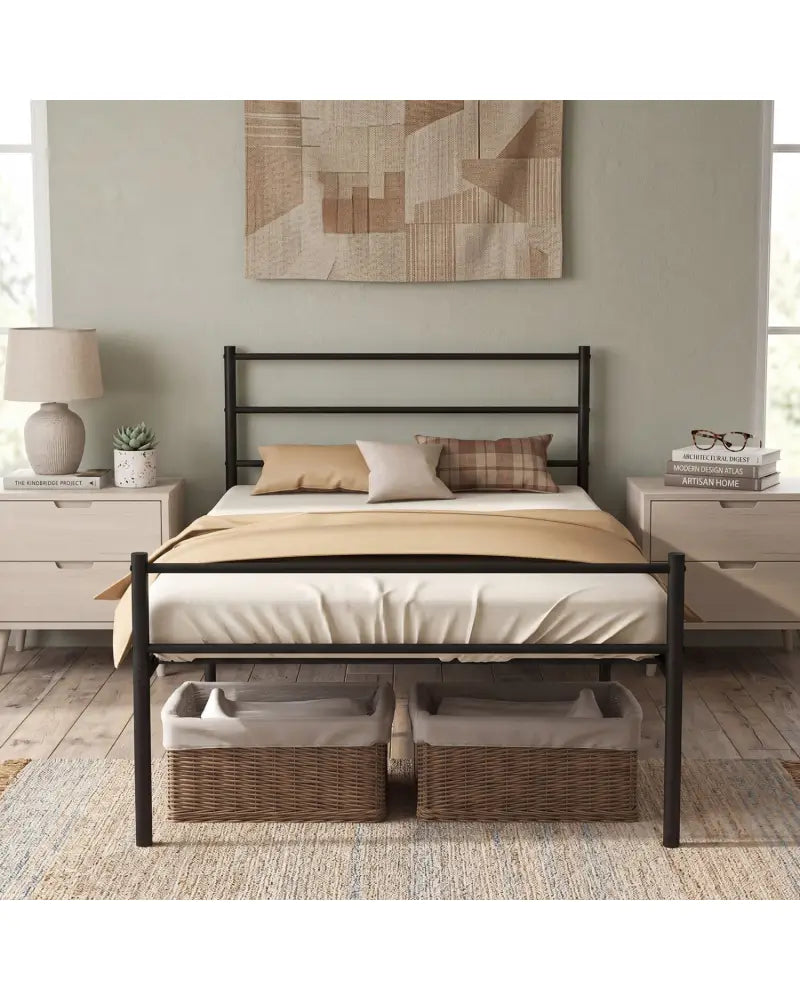 Twin Size Metal Bed Frame Platform with Headboard-Black - Black - Simple Bed Frame