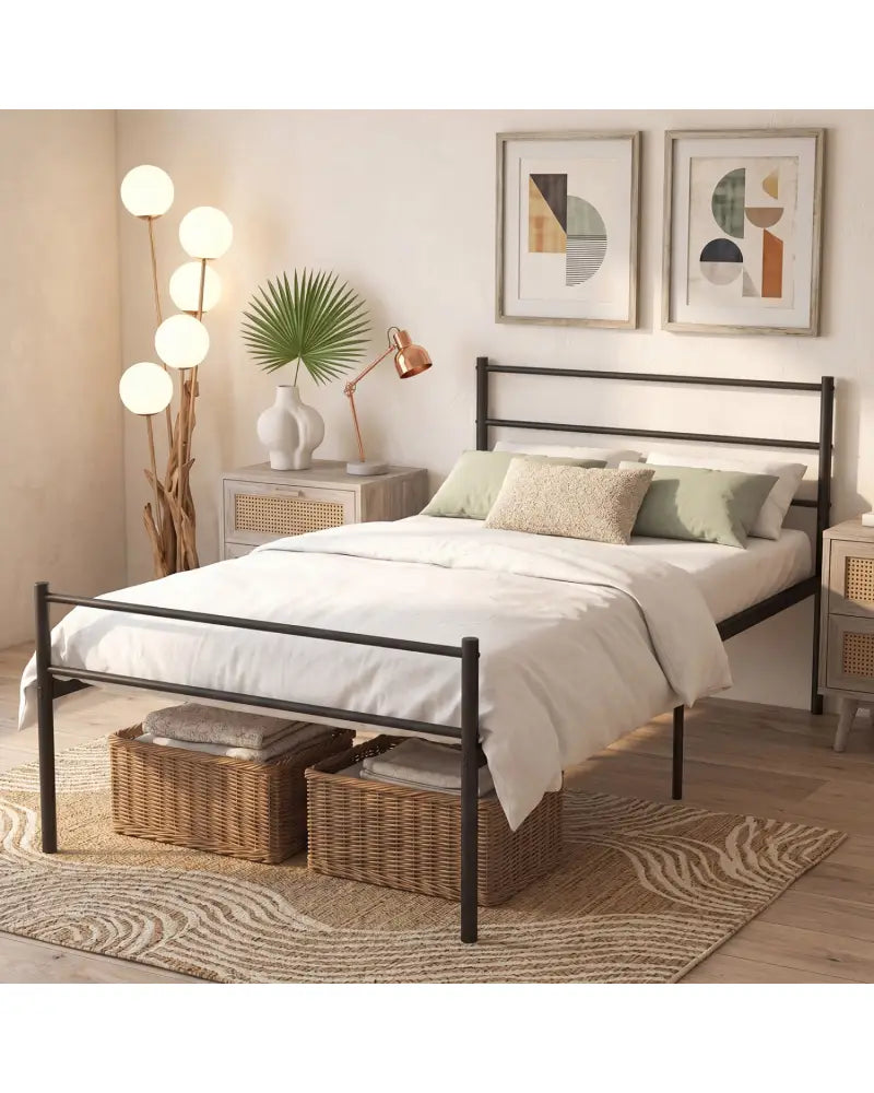 Twin Size Metal Bed Frame Platform with Headboard-Black - Black - Simple Bed Frame