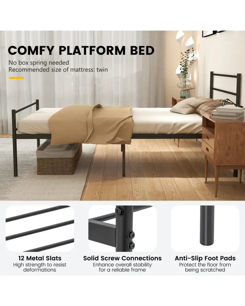 Twin Size Metal Bed Frame Platform with Headboard-Black - Black - Simple Bed Frame