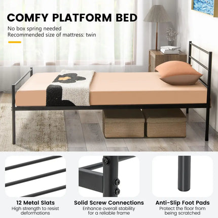 Twin Size Metal Bed Frame Platform with Headboard-Black - Black - Simple Bed Frame
