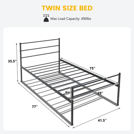 Twin Size Metal Bed Frame Platform with Headboard-Black - Black - Simple Bed Frame
