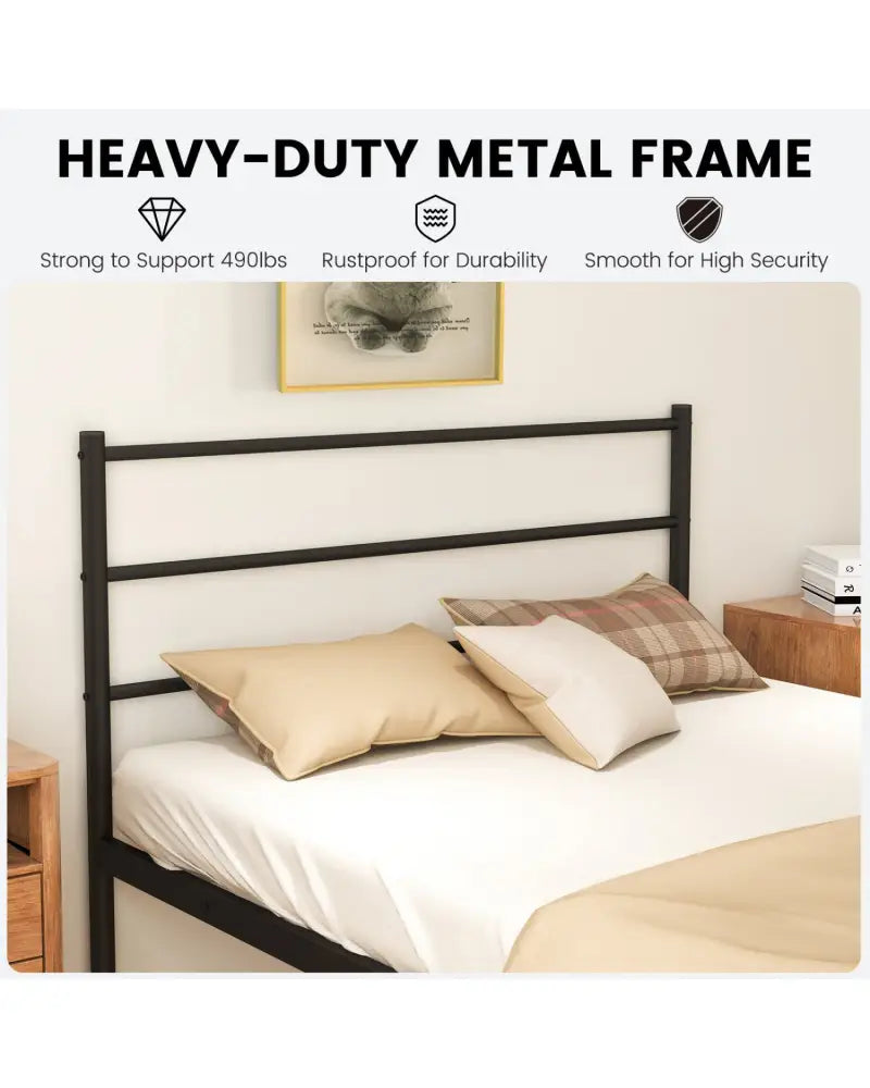 Twin Size Metal Bed Frame Platform with Headboard-Black - Black - Simple Bed Frame