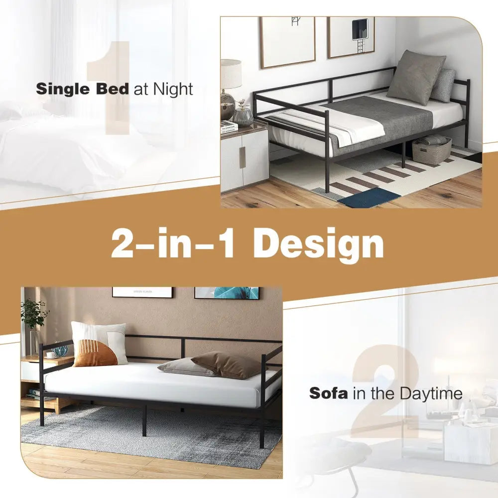 Twin Size Metal Daybed Frame for Living Room Bedroom - Black - Trundle Bed Frame