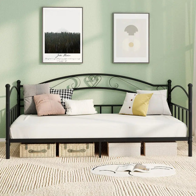 Twin Size Metal Daybed Frame with Headboard for Bedroom-Black - Black - Trundle Bed Frame