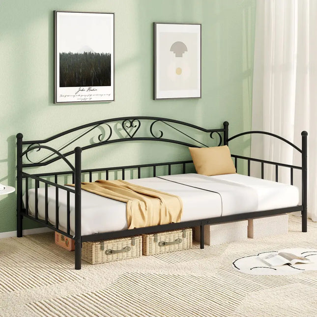 Twin Size Metal Daybed Frame with Headboard for Bedroom-Black - Black - Trundle Bed Frame