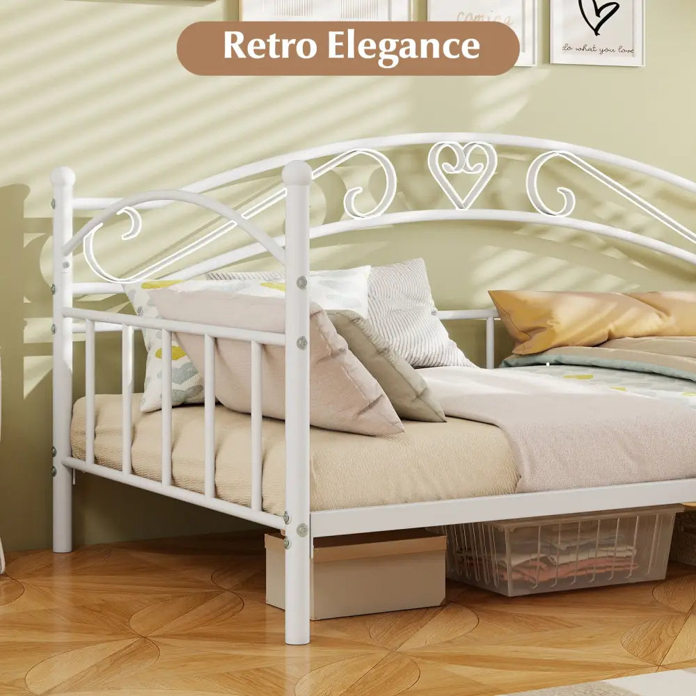 Twin Size Metal Daybed Frame with Headboard for Bedroom-White - White - Trundle Bed Frame