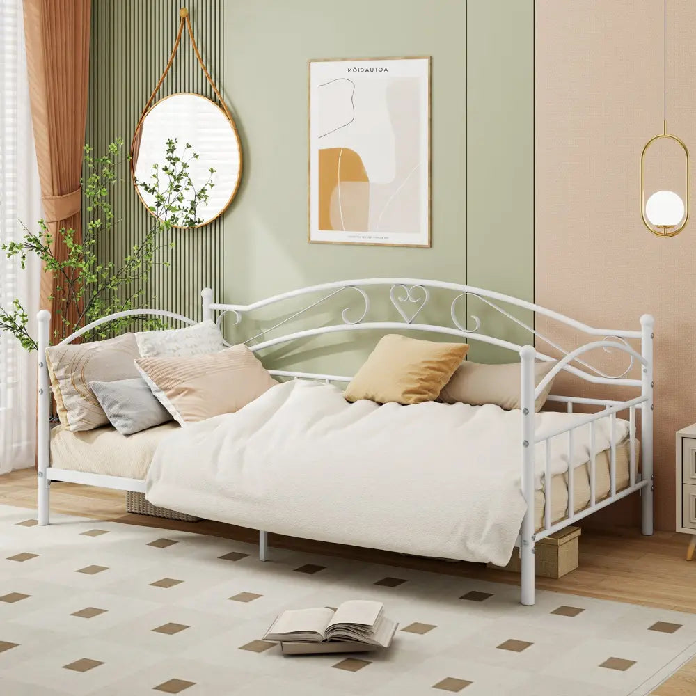 Twin Size Metal Daybed Frame with Headboard for Bedroom-White - White - Trundle Bed Frame