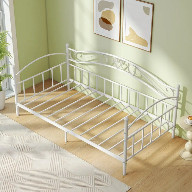 Twin Size Metal Daybed Frame with Headboard for Bedroom-White - White - Trundle Bed Frame