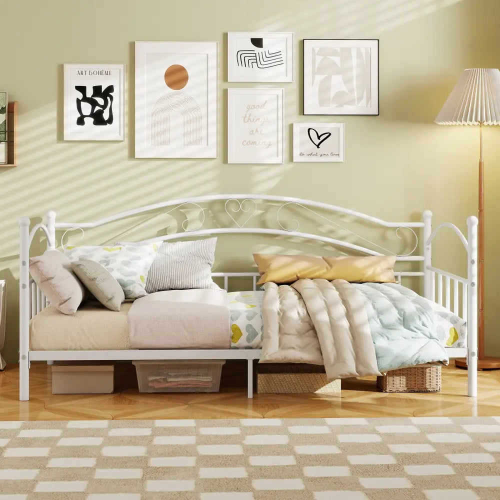 Twin Size Metal Daybed Frame with Headboard for Bedroom-White - White - Trundle Bed Frame