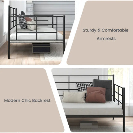 Twin Size Metal Daybed Sofa Bed Frame with Armrests and Backrest - Black - Simple Bed Frame