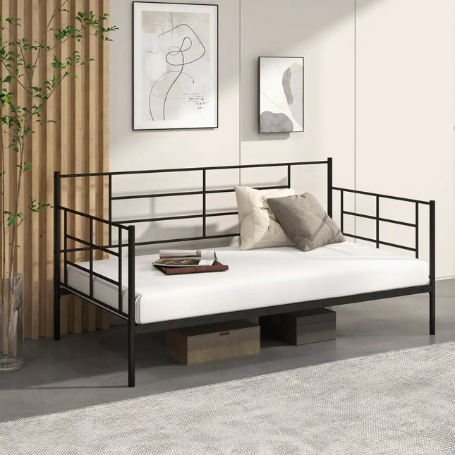 Twin Size Metal Daybed Sofa Bed Frame with Armrests and Backrest - Black - Simple Bed Frame
