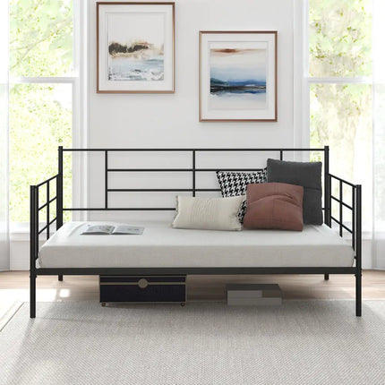 Twin Size Metal Daybed Sofa Bed Frame with Armrests and Backrest - Black - Simple Bed Frame