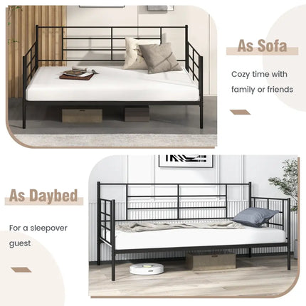 Twin Size Metal Daybed Sofa Bed Frame with Armrests and Backrest - Black - Simple Bed Frame