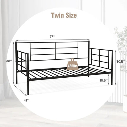 Twin Size Metal Daybed Sofa Bed Frame with Armrests and Backrest - Black - Simple Bed Frame