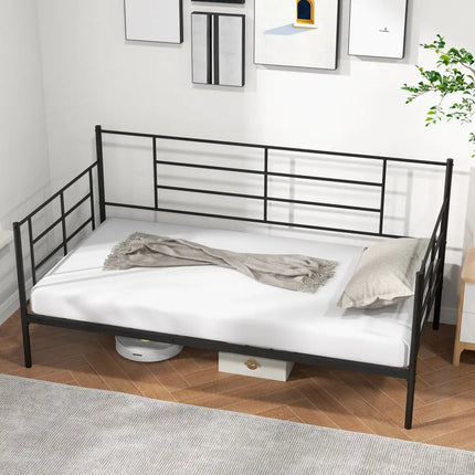 Twin Size Metal Daybed Sofa Bed Frame with Armrests and Backrest - Black - Simple Bed Frame