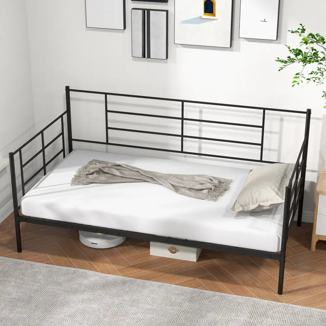 Twin Size Metal Daybed Sofa Bed Frame with Armrests and Backrest - Black - Simple Bed Frame