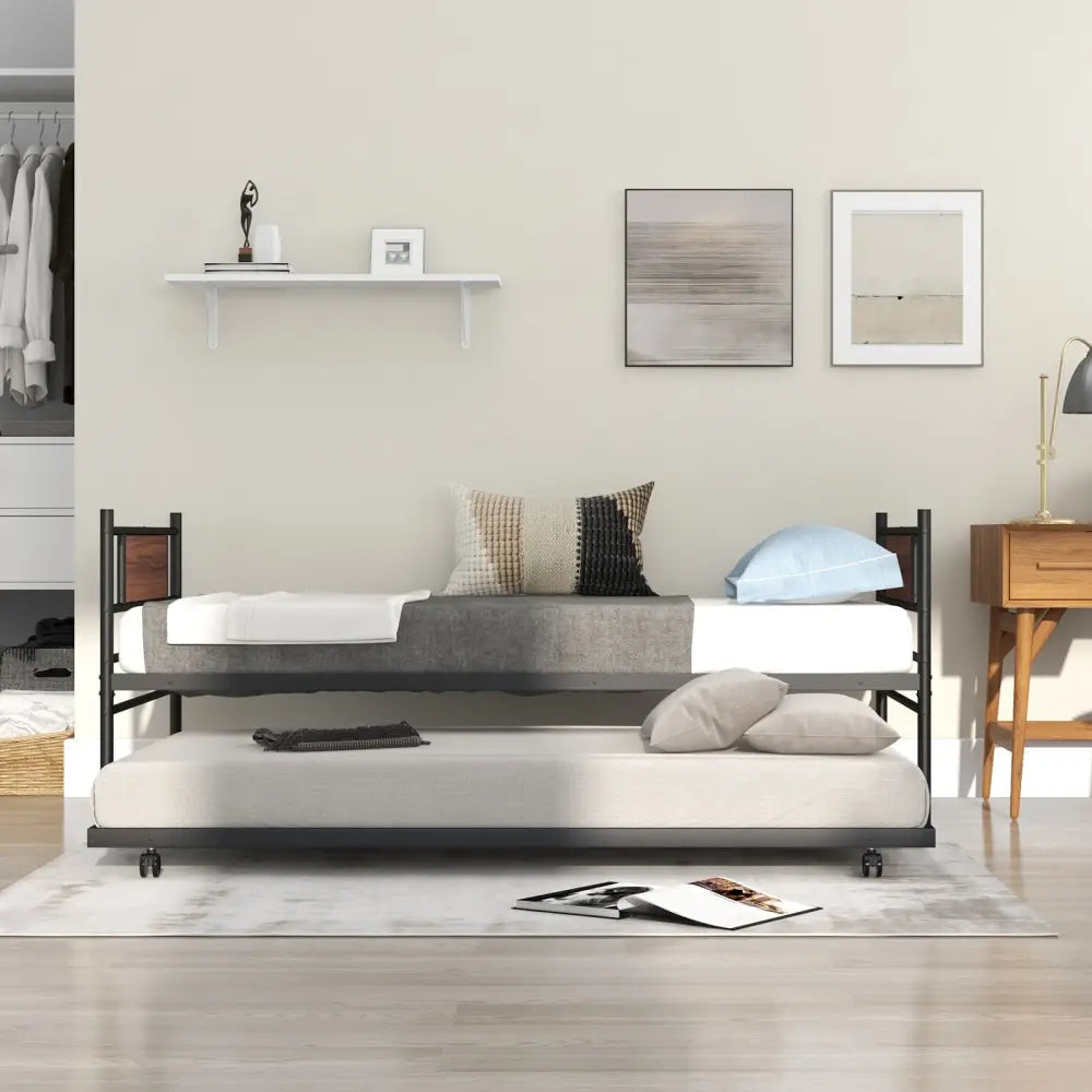 Twin Size Metal Daybed with Trundle and Wood Grain Headboard - Black - Trundle Bed Frame