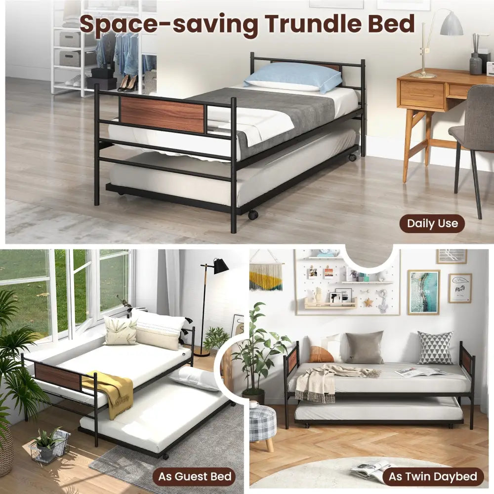Twin Size Metal Daybed with Trundle and Wood Grain Headboard - Black - Trundle Bed Frame