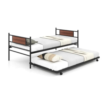 Twin Size Metal Daybed with Trundle and Wood Grain Headboard - Black - Trundle Bed Frame