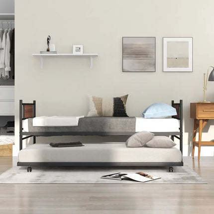 Twin Size Metal Daybed with Trundle and Wood Grain Headboard - Black - Trundle Bed Frame
