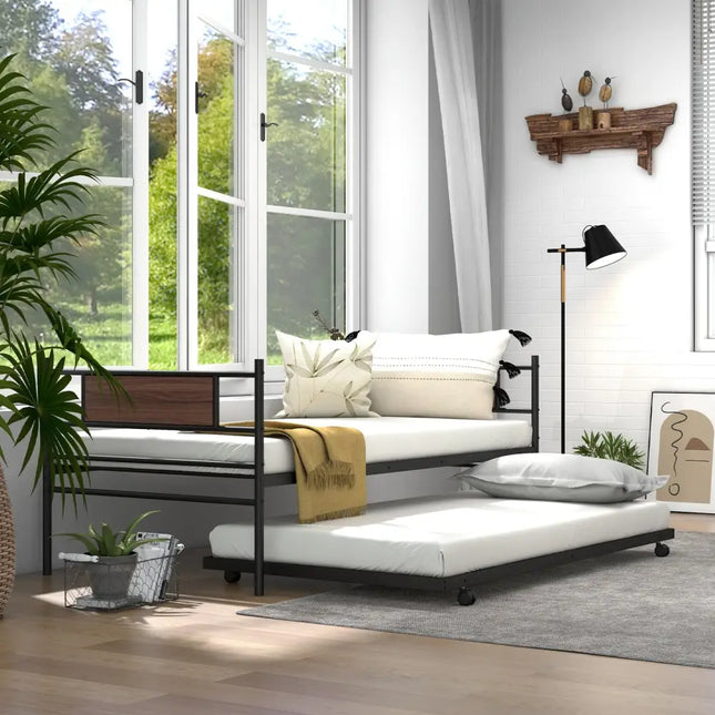Twin Size Metal Daybed with Trundle and Wood Grain Headboard - Black - Trundle Bed Frame