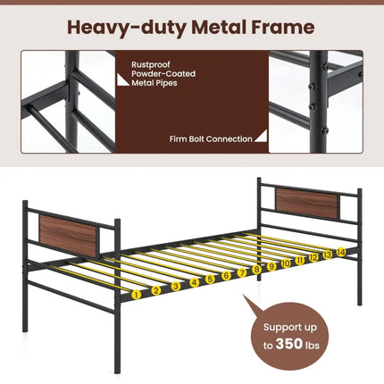 Twin Size Metal Daybed with Trundle and Wood Grain Headboard - Black - Trundle Bed Frame