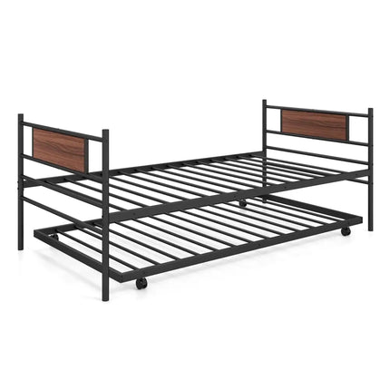 Twin Size Metal Daybed with Trundle and Wood Grain Headboard - Black - Trundle Bed Frame