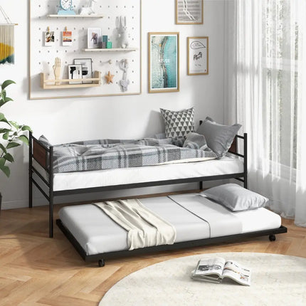 Twin Size Metal Daybed with Trundle and Wood Grain Headboard - Black - Trundle Bed Frame