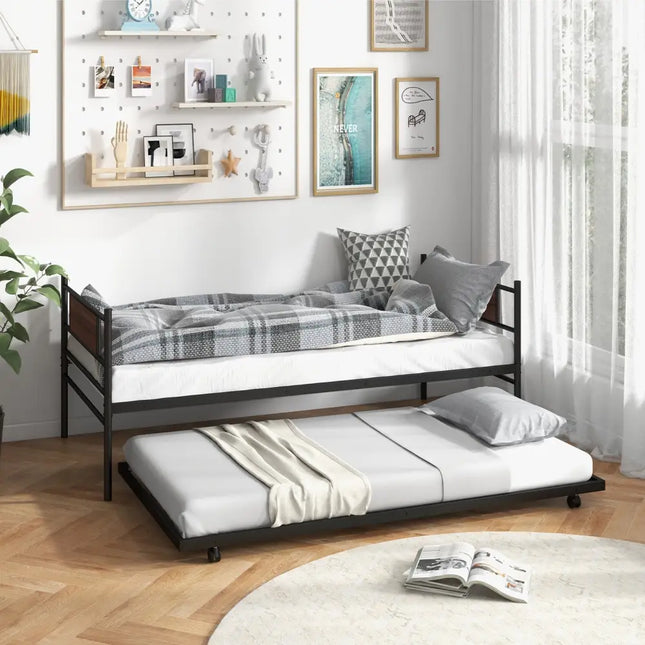 Twin Size Metal Daybed with Trundle and Wood Grain Headboard - Black - Trundle Bed Frame