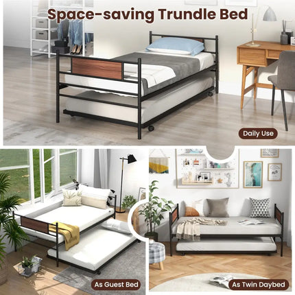 Twin Size Metal Daybed with Trundle and Wood Grain Headboard - Black - Trundle Bed Frame