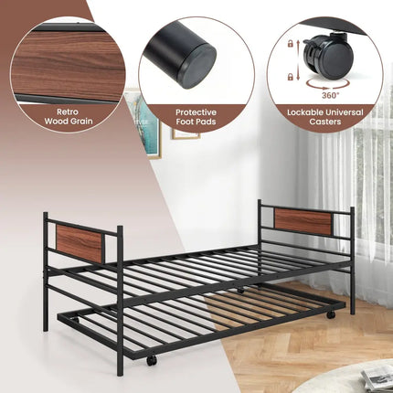 Twin Size Metal Daybed with Trundle and Wood Grain Headboard - Black - Trundle Bed Frame